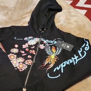 Ed Hardy Black Zip-Up Hoodie with Floral & Phoenix Graphics